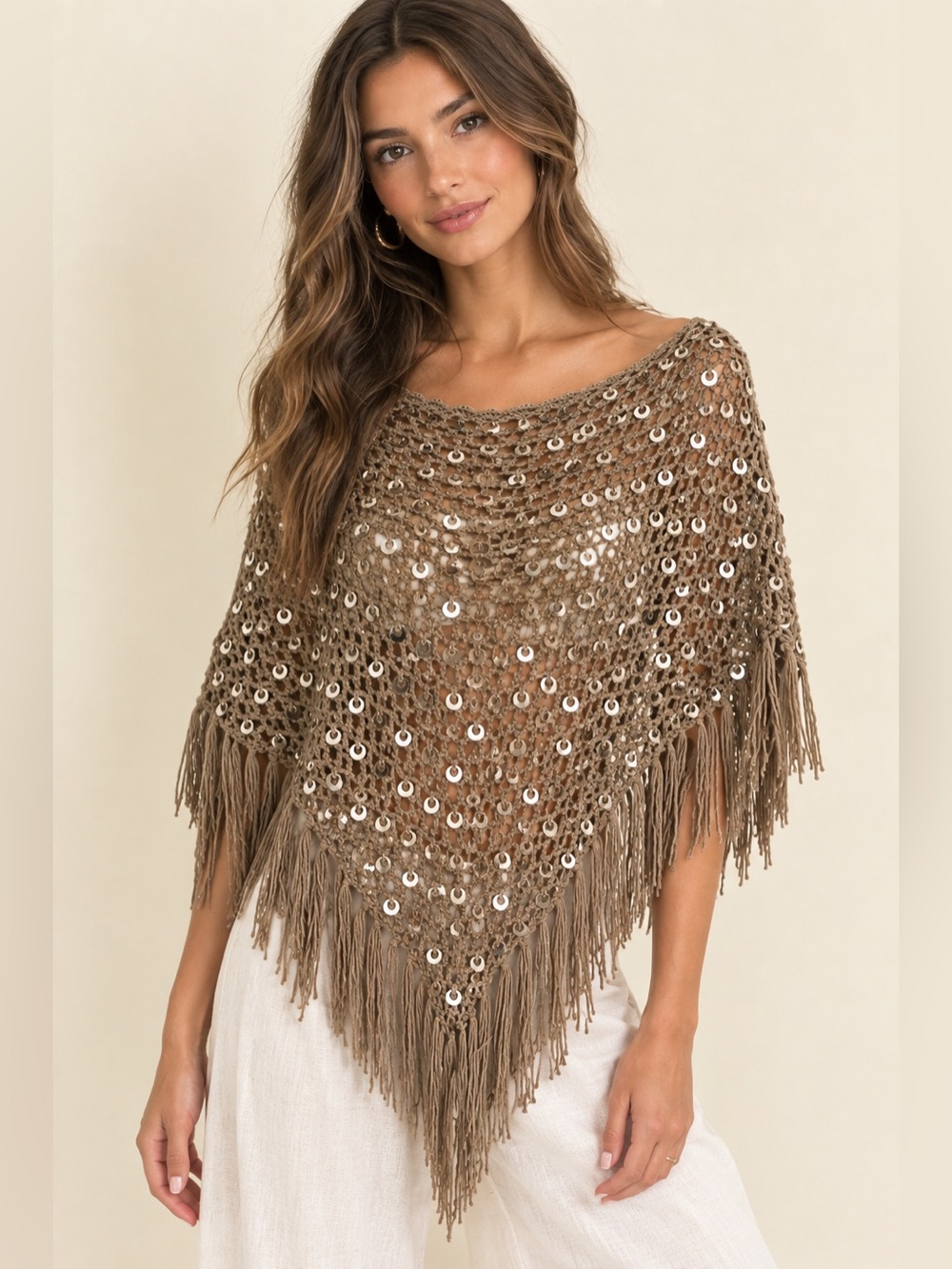 NWT Ten Stories Up Crochet Fringe Poncho One Size Boho Sequin Festival Coachella